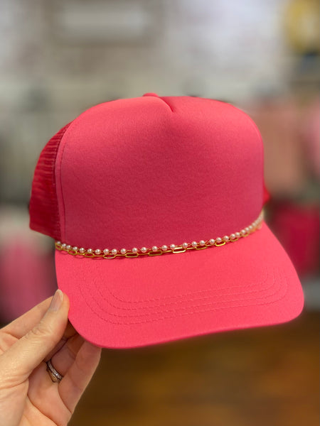 Trucker Hat with Gold and Pearl Chain