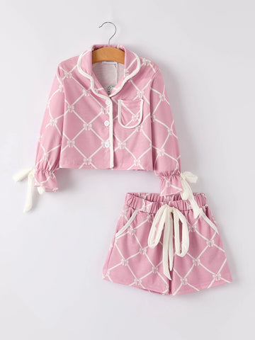 Autumn Check Bow Girls Lapel Pajamas