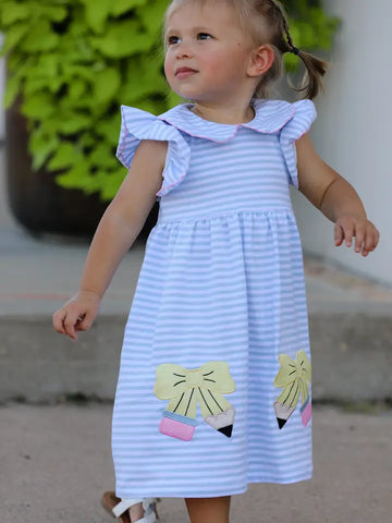 Back To School Girls Plaid Pencil Applique Bow Dress