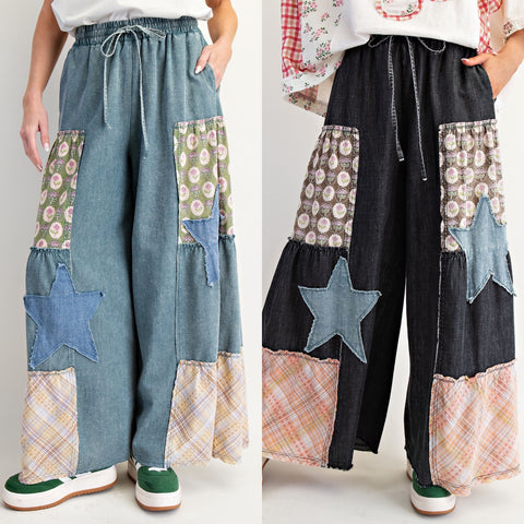 Denim Patchwork Palazzo Pants
