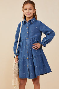 Girls Denim Printed Bow Dress