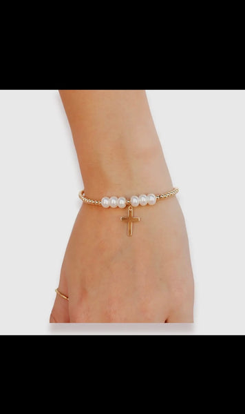 Beaded Blondes Cross + Pearl Bracelet