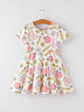 Back To School Apple, Pencil, and Floral Print Girls Dress