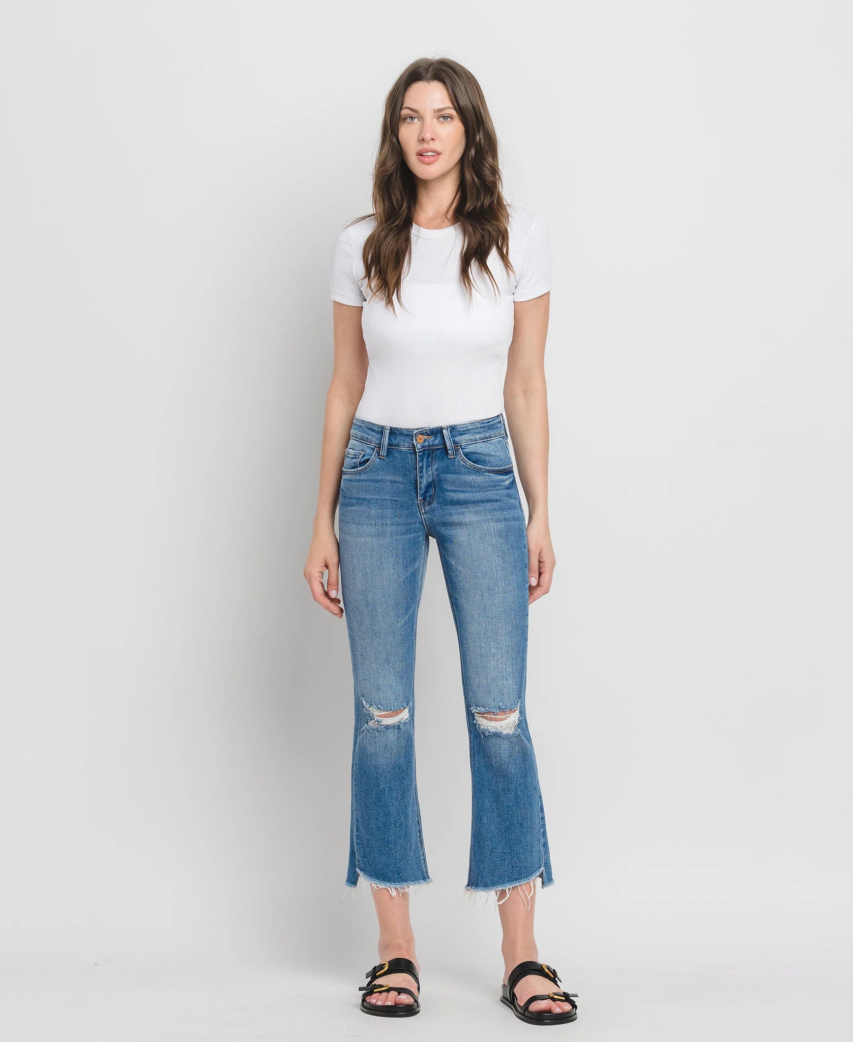 Vervet - “Forget” Mid Rise Raw Step Hem Ankle Flare Jeans