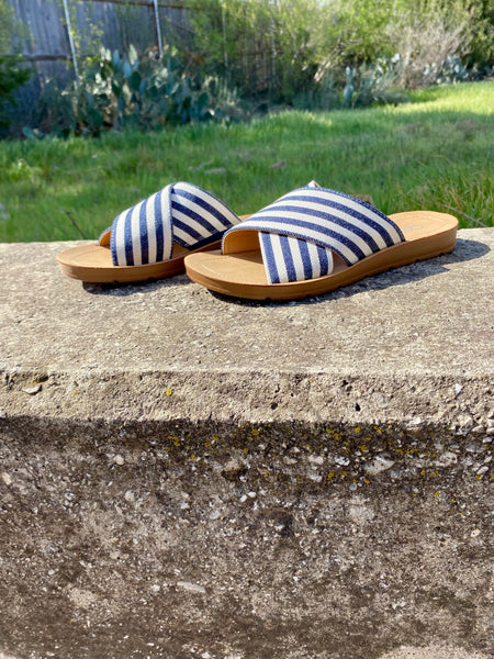 Corkys Dig It Slide-Navy Natural Stripe