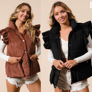 RUFFLE SLEEVE CORDUROY PUFFER VEST