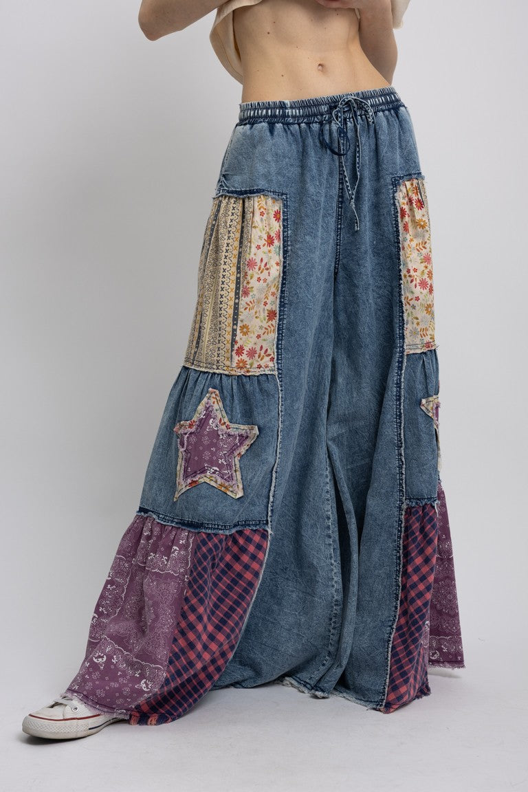 Star Denim Patchwork Palazzo Pants