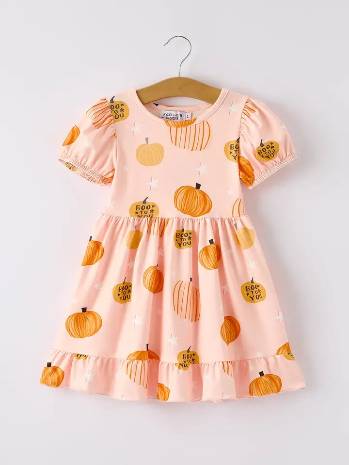 Halloween Fun Pumpkin Short Sleeve Girls Dress