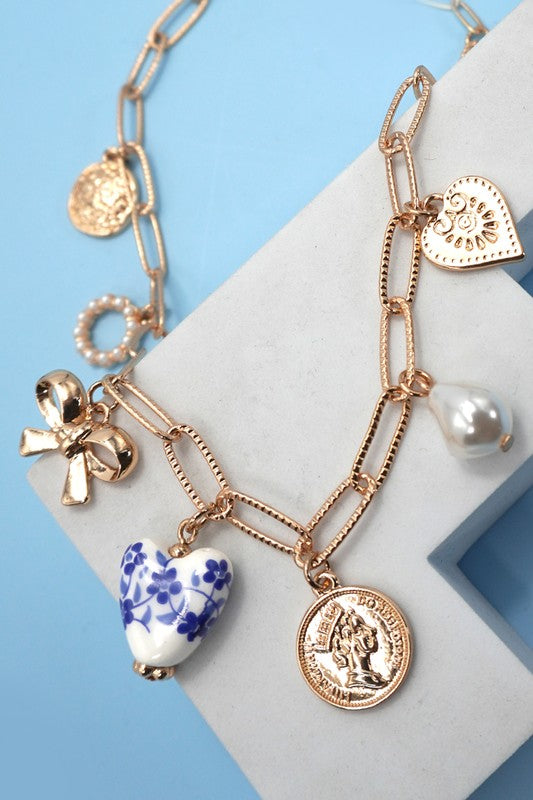 Blue Ceramic Bow Heart Charm Necklace