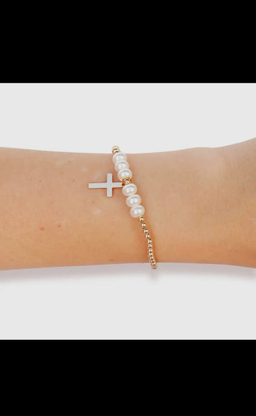 Beaded Blondes Cross + Pearl Bracelet