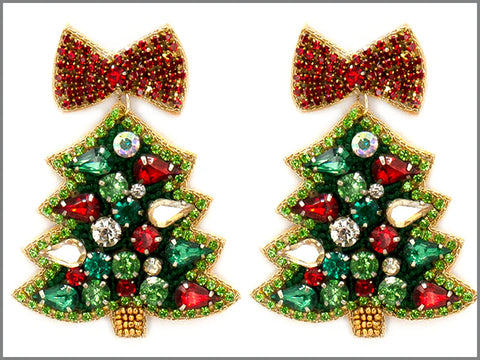 Red Rhinestone Bow with Green Beaded Christmas Tree 2.5" Earring