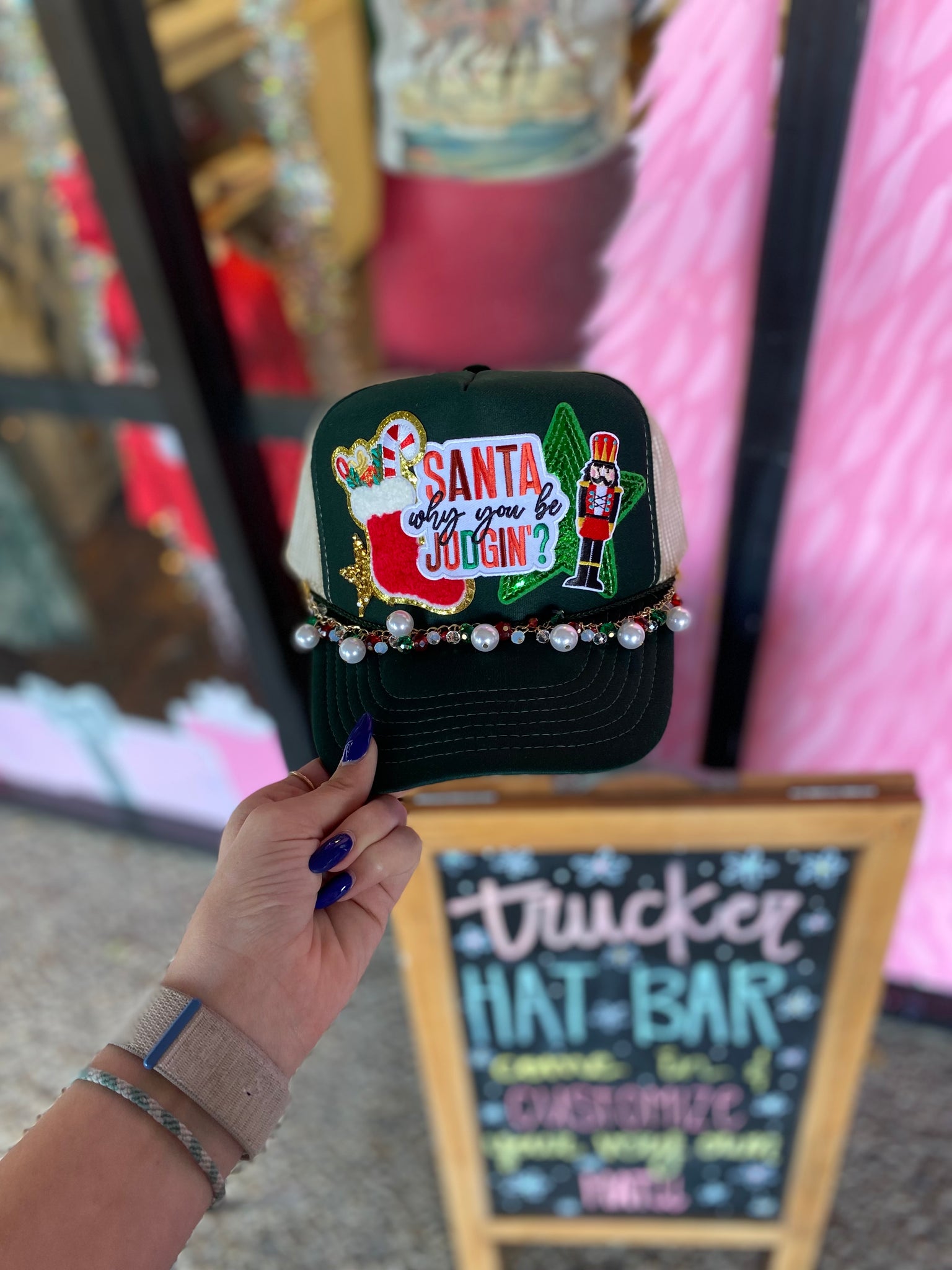 Custom “Santa be judgin” trucker hat