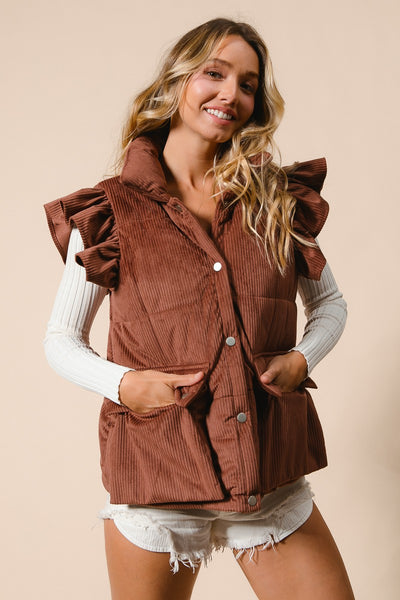 RUFFLE SLEEVE CORDUROY PUFFER VEST