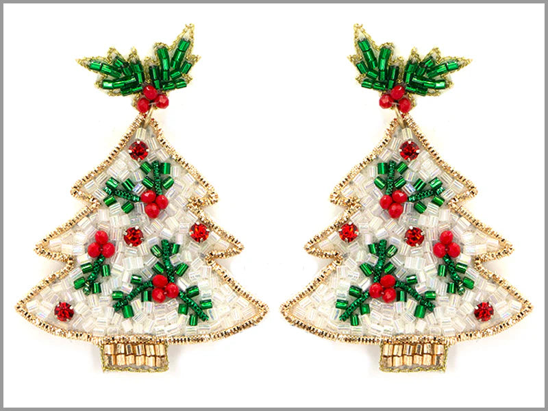 White with Green and Red Seed Bead Christmas Tree 2.5" Earring