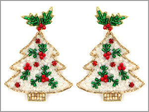 White with Green and Red Seed Bead Christmas Tree 2.5" Earring