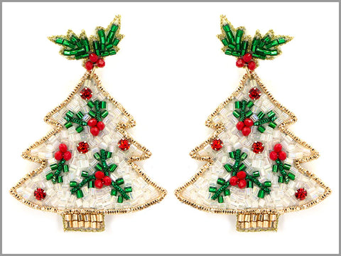 White with Green and Red Seed Bead Christmas Tree 2.5" Earring