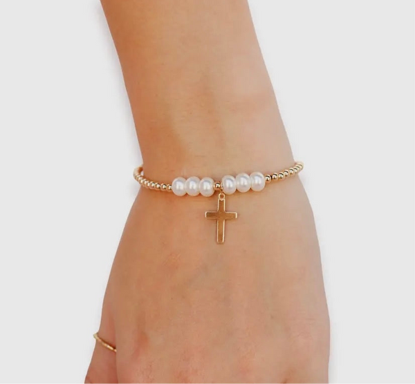 Beaded Blondes Cross + Pearl Bracelet