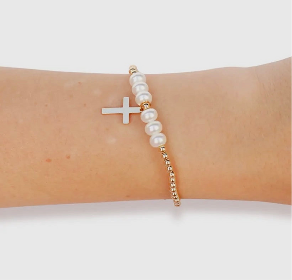 Beaded Blondes Cross + Pearl Bracelet