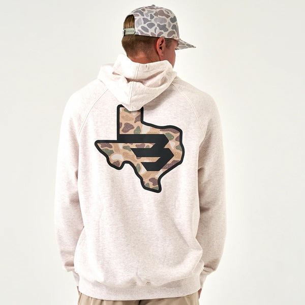 Burlebo Fleece Hoodie- TX Camo Flying B Logo- Heather Oatmeal