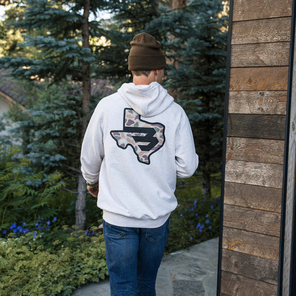 Burlebo Fleece Hoodie- TX Camo Flying B Logo- Heather Oatmeal
