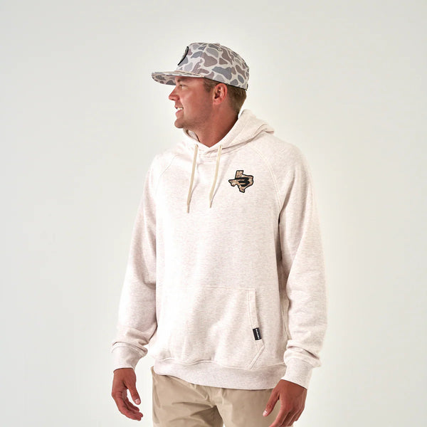 Burlebo Fleece Hoodie- TX Camo Flying B Logo- Heather Oatmeal