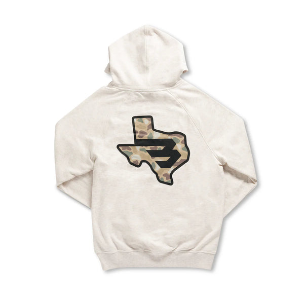 Burlebo Fleece Hoodie- TX Camo Flying B Logo- Heather Oatmeal