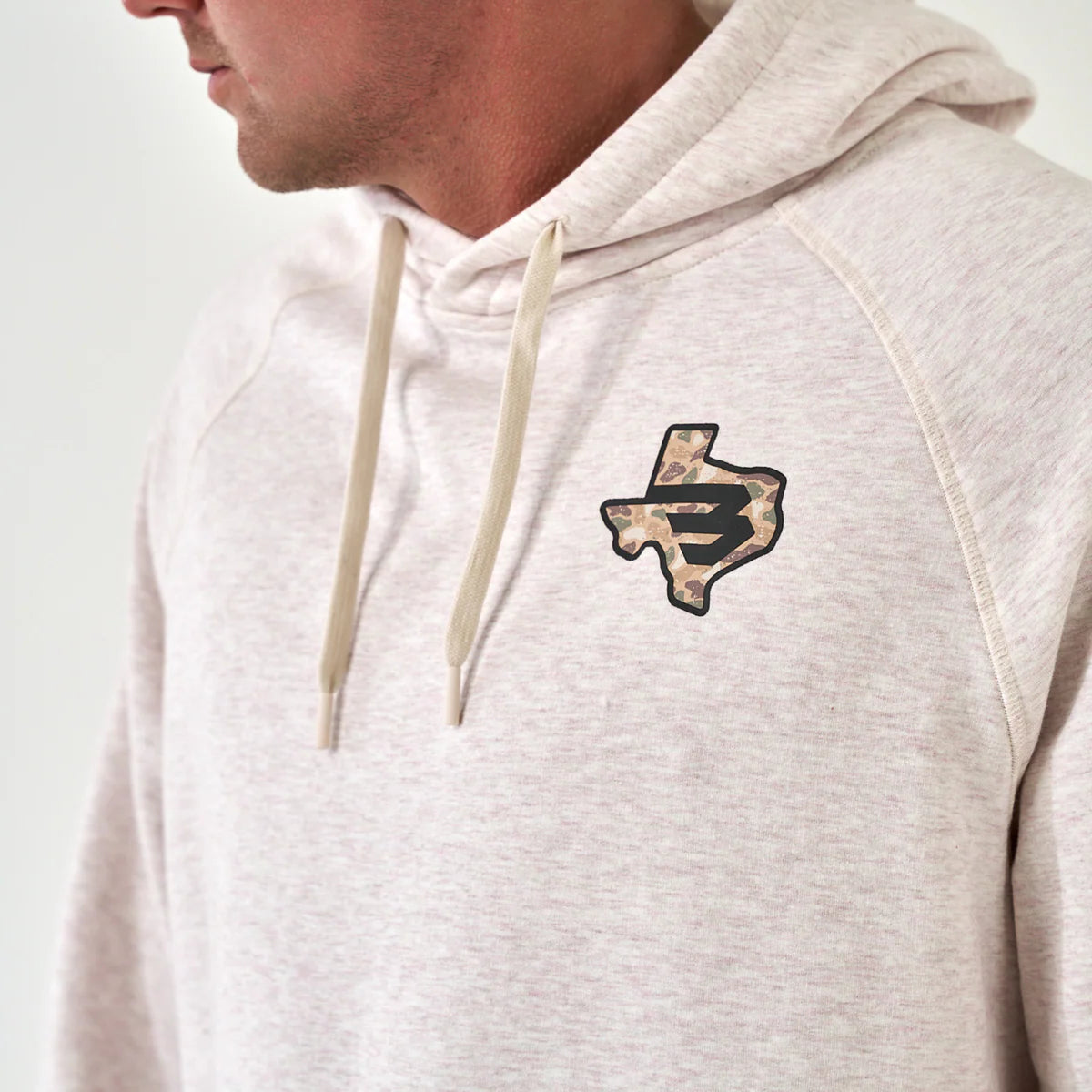 Burlebo Fleece Hoodie- TX Camo Flying B Logo- Heather Oatmeal