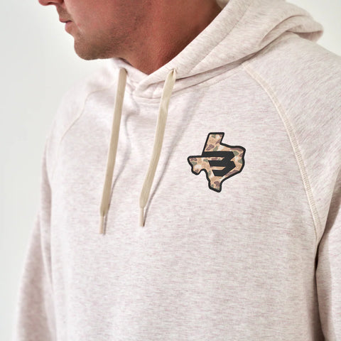 Burlebo Fleece Hoodie- TX Camo Flying B Logo- Heather Oatmeal