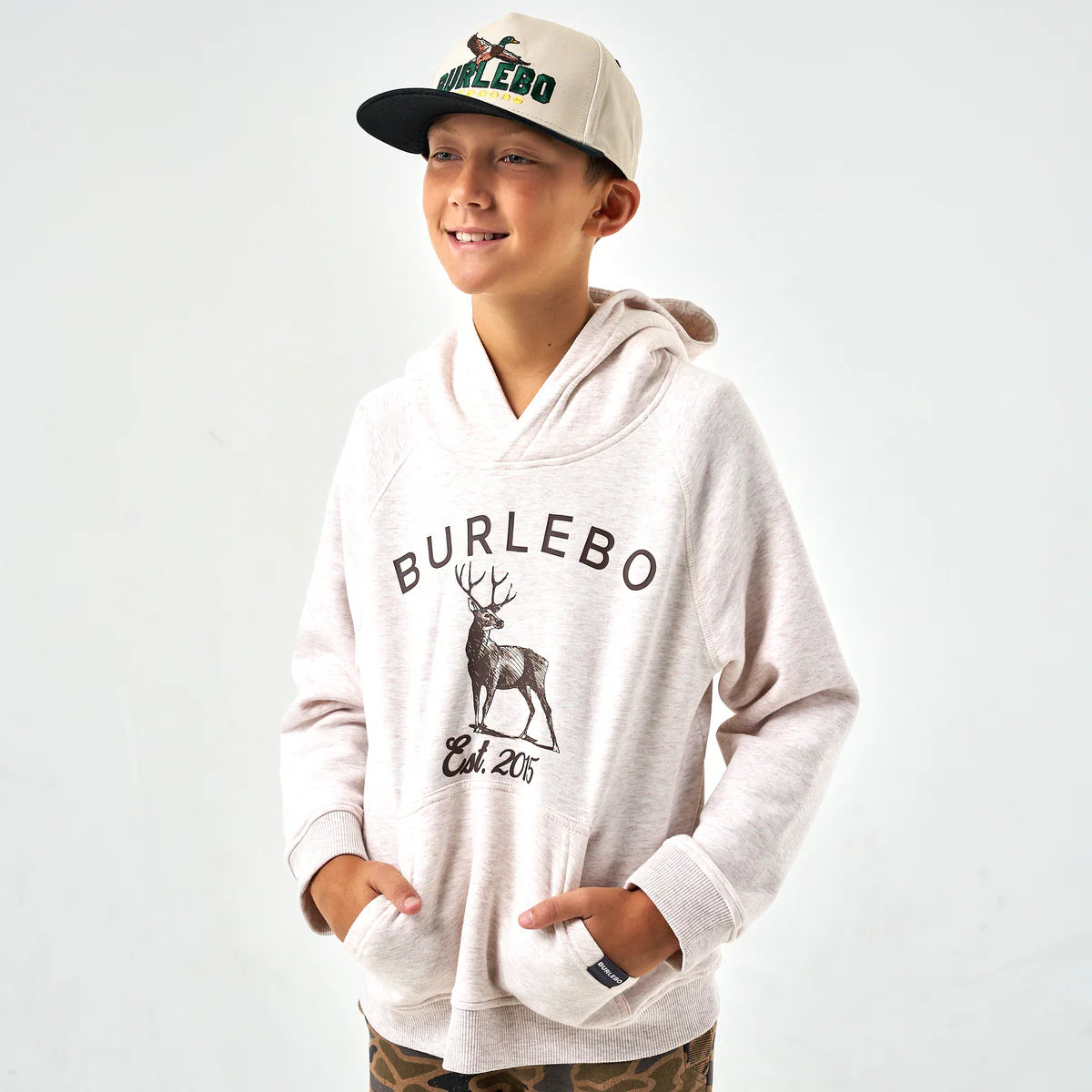 Burlebo Youth Fleece Hoodie- Whitetail Deer- Heather Oatmeal