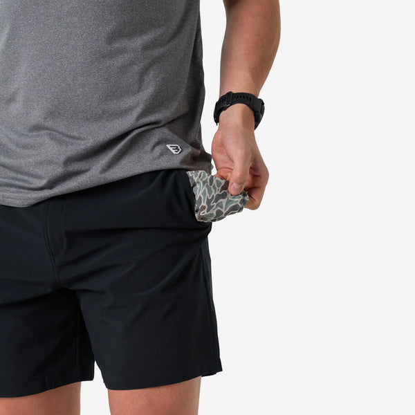 Burlebo Everyday Shorts- Matte Black w/ Retro Duck Camo Pocket