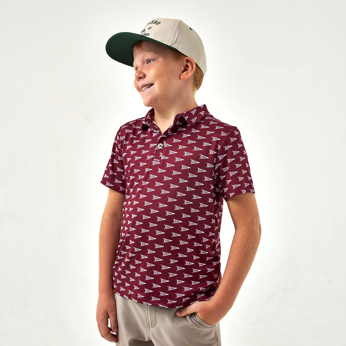 Burlebo Youth Performance Polo- Howdy Pennants-Maroon