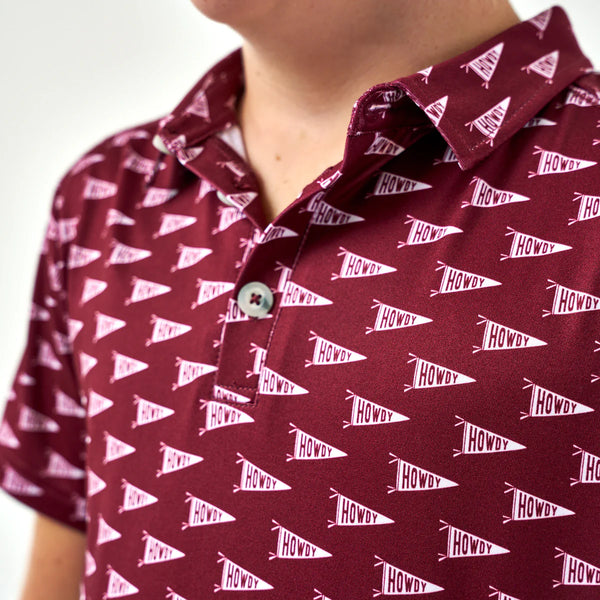 Burlebo Youth Performance Polo- Howdy Pennants-Maroon