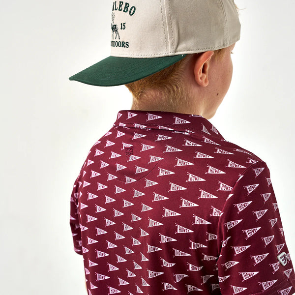 Burlebo Youth Performance Polo- Howdy Pennants-Maroon